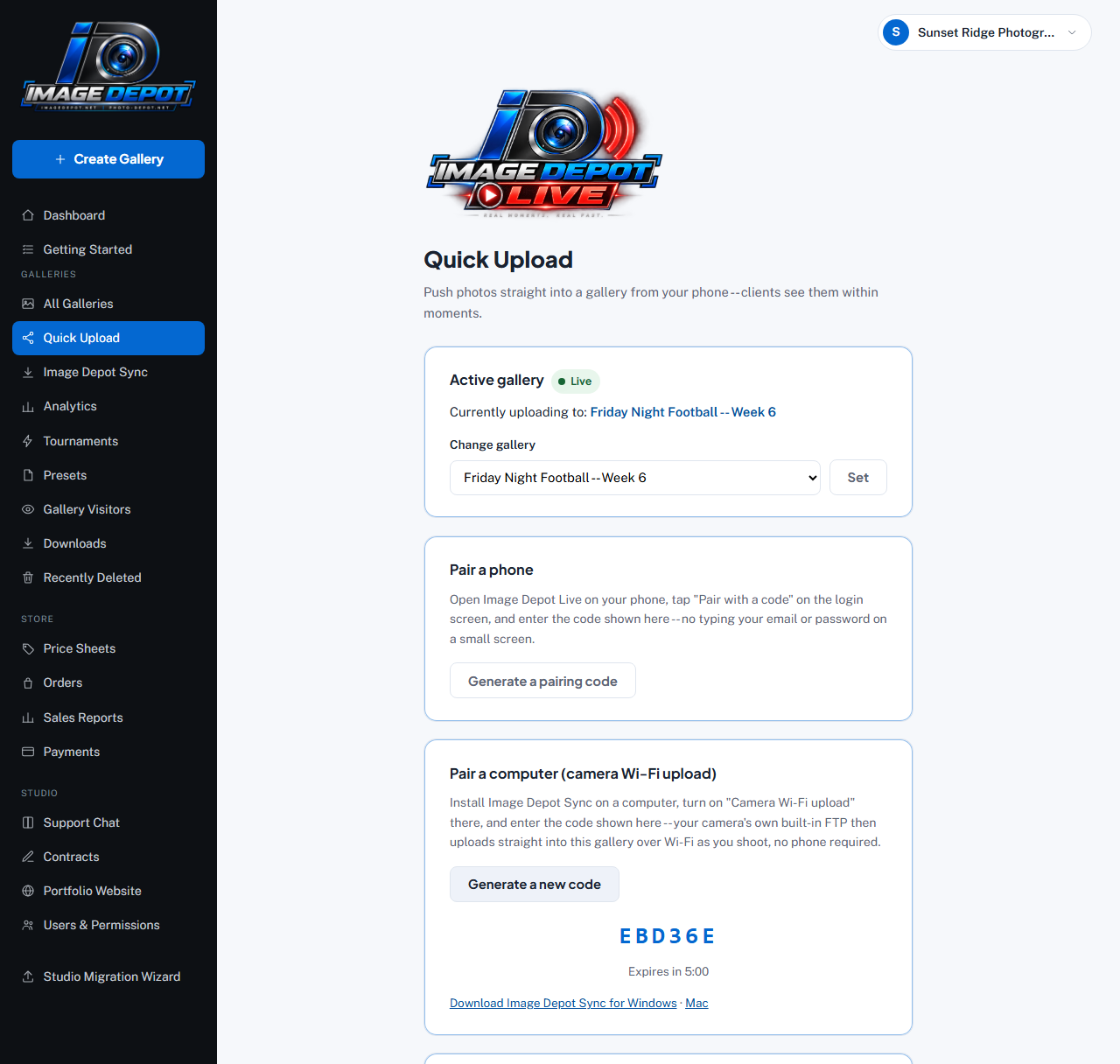 The Quick Upload page for a subscribed studio: Active gallery set to Friday Night Football -- Week 6 and marked Live, a Pair a phone panel, and a Pair a computer (camera Wi-Fi upload) panel showing a six-character pairing code that expires in 5 minutes