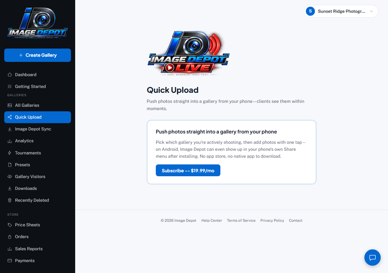 The Quick Upload page in the dashboard, showing the Image Depot Live logo, a description of pushing photos straight into a gallery from your phone, and a Subscribe -- $19.99/mo button