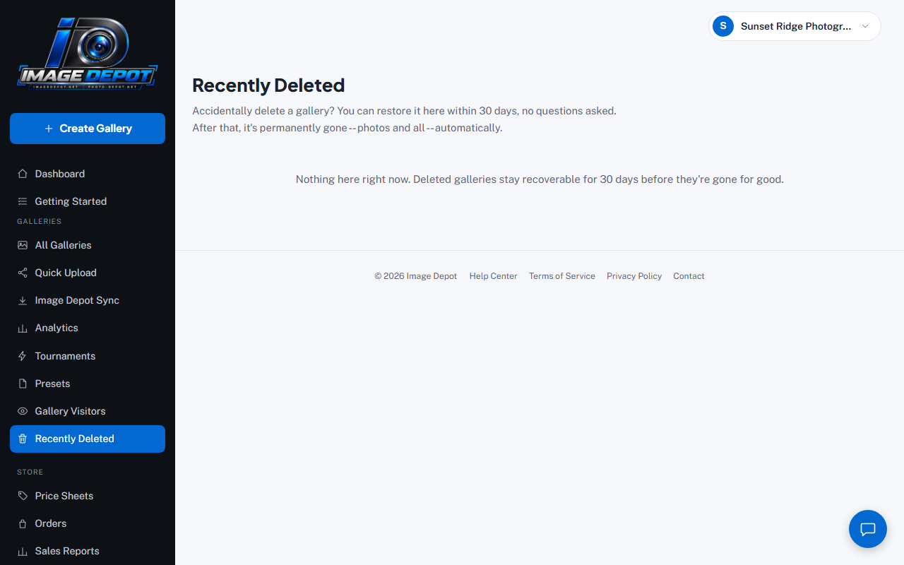 The Recently Deleted page in the dashboard, showing the message: Nothing here right now. Deleted galleries stay recoverable for 30 days before they're gone for good.