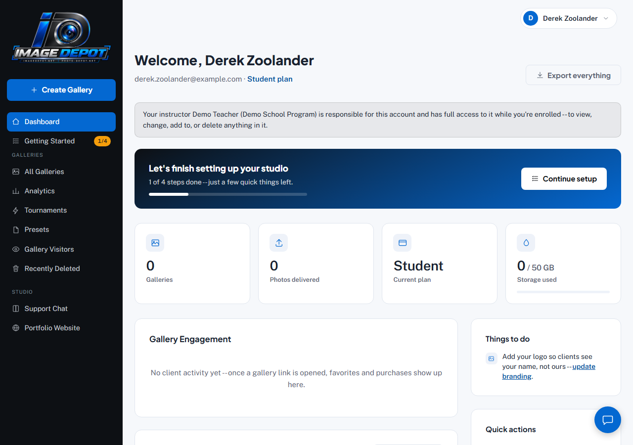 A Student account dashboard with a note that the instructor is responsible for the account, a shorter sidebar than a regular account, and cards for galleries, photos delivered, the Student plan and storage used out of 50 GB